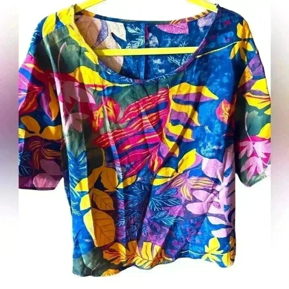 Emery Rose 3X blue hawaiian tropical cotton top. Scoop neck short sleeve. EUC - Picture 2 of 9